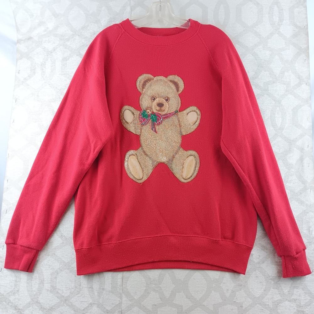 Vintage Santee Sweats Teddy Bear Crewneck Sweatshirt Pullover Womens XL‎ Red